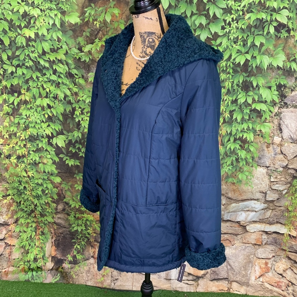 NWT HALOGEN Blue Hooded Sherpa Style Reversible Coat, S - Picture 8 of 16